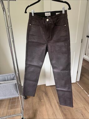 Frame Denim Women’s Slim Straight Coated Brown Leather Jeans.